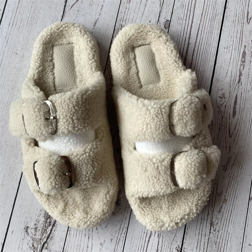 Cute Fluffy House Slippers For Woman Real Lamb Wool Slides Luxury Winter Warm Flip Flops Comfortable Plush Women's Mules Shoes