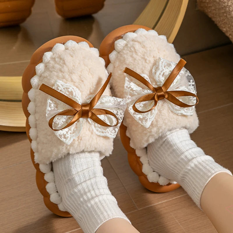 Winter Warm Fur Slippers For Women Thick-Soled Household Slippers Cute Bow Non Slip Soft Home Shoes Indoor Plush Women's Slipper