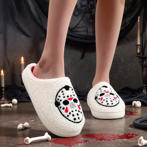 A Pair of White Halloween Horror Mask Pattern Embroider Plush Home Thick-Soled Comfortable Fur Slippers Personalized Warm Non-Slip Indoor Slippers Autumn and Winter Gifts for Men and Women Can Wear