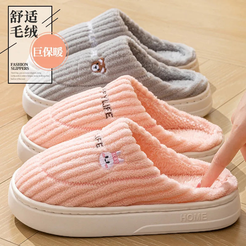 Winter Plush Slippers for Women & Men - Thick Sole Couple House Shoes, Warm Fleece-Lined Indoor Slides with Non-Slip Sole