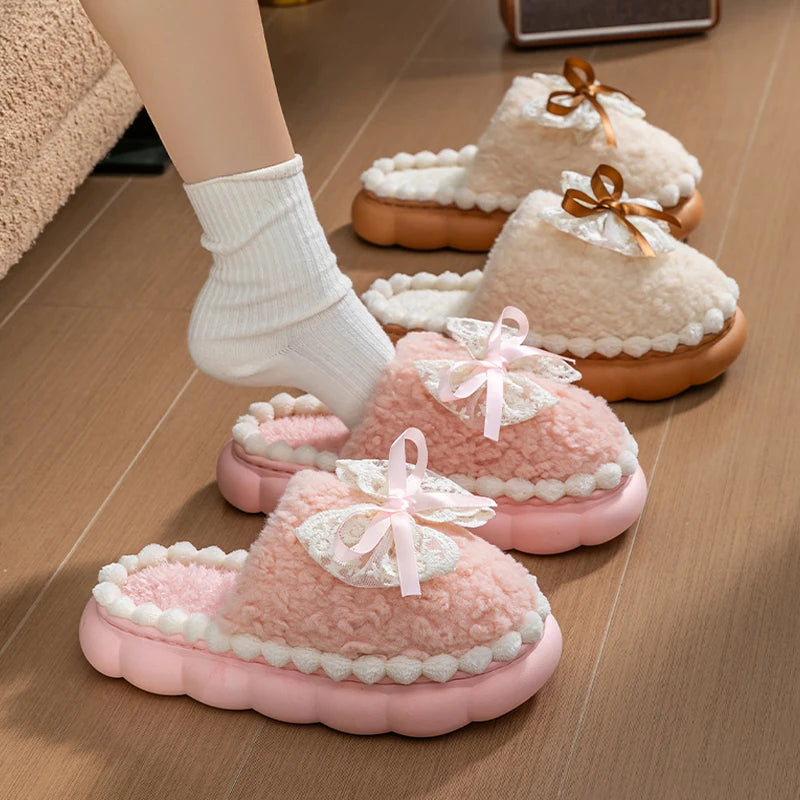Winter Warm Fur Slippers For Women Thick-Soled Household Slippers Cute Bow Non Slip Soft Home Shoes Indoor Plush Women's Slipper