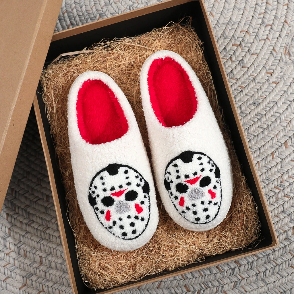 A Pair of White Halloween Horror Mask Pattern Embroider Plush Home Thick-Soled Comfortable Fur Slippers Personalized Warm Non-Slip Indoor Slippers Autumn and Winter Gifts for Men and Women Can Wear