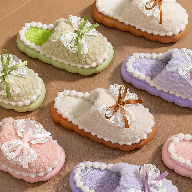 Winter Warm Fur Slippers For Women Thick-Soled Household Slippers Cute Bow Non Slip Soft Home Shoes Indoor Plush Women's Slipper